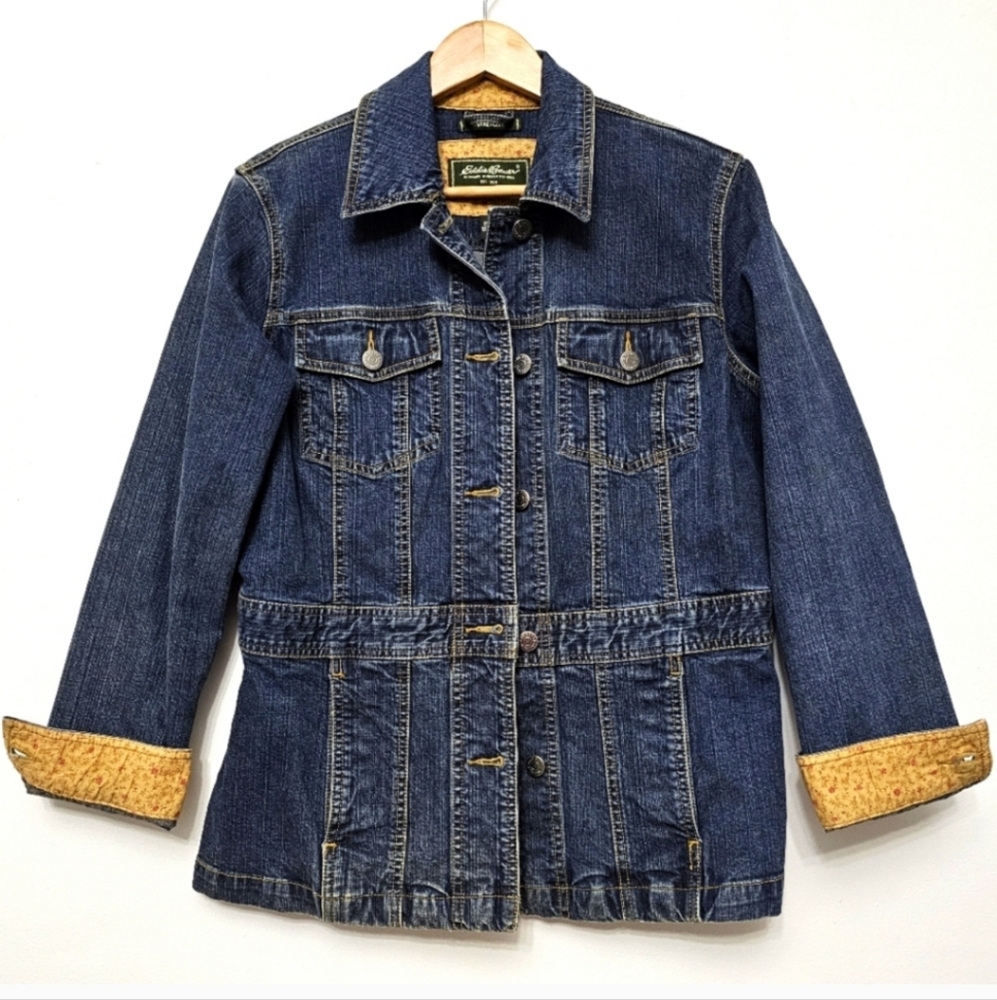 Eddie Bauer Vintage Style Stretch Denim Barn Jacket Contrast  Floral Flip Cuffs